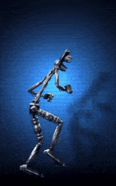 a robot is walking on a blue background with a grid pattern