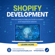 an advertisement for shopify development shows a laptop