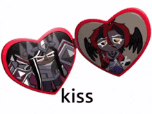 a pair of heart shaped glasses with a picture of a cartoon character and the word kiss underneath