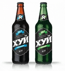 two bottles of beer with different flavors on a white background .