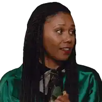 a woman with braids is wearing a green jacket and a tie