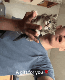 a man holding a kitten with the words " a gift for you " on the bottom right