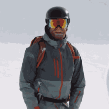 a man wearing a helmet and goggles with a jacket that says dakine