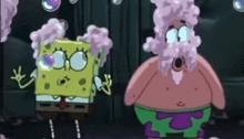 spongebob and patrick are standing next to each other with bubbles coming out of their faces