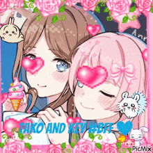a picture of two anime girls with the words tako and key bff written on the bottom