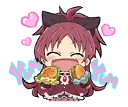 a cartoon girl with red hair is eating a hamburger and a sandwich .