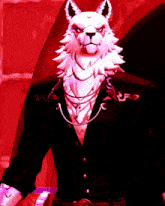 a cartoon character with a white furry head is wearing a black jacket with the letter e on it
