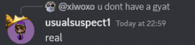 a screenshot of a conversation between usualsuspect1 and xiwoxo