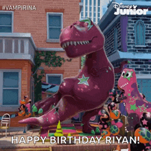 a giant purple dinosaur is sitting in front of a brick building and says happy birthday riyan .