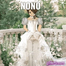 a girl in a white dress is standing on a balcony and the word nono is above her