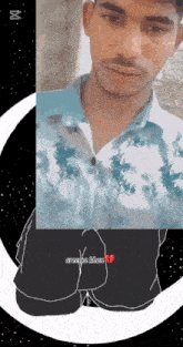 a man in a tie dye shirt is standing in front of a crescent moon ..