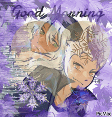 a picture of a girl with snowflakes and the words " good morning "