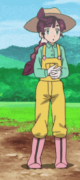 a girl in overalls and a straw hat stands in a field