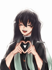 a girl with long black hair is making a heart with her hands .