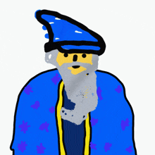 a drawing of a wizard wearing a blue cape and hat