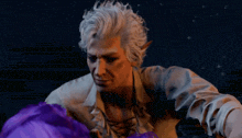 a man with white hair is holding a purple feather in his hands .