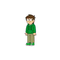 a cartoon character is wearing a green hoodie and brown pants