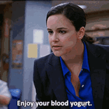 Brooklyn Nine Nine Amy Santiago GIF - Brooklyn Nine Nine Amy Santiago Enjoy Your Blood Yogurt GIFs