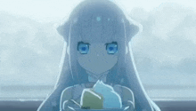 a girl with white hair and blue eyes is holding a piece of cake in her hand .