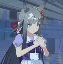 a girl with long black hair and horns is wearing a purple dress