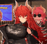 a girl with red hair and horns is standing in front of a blue sign that says entreya