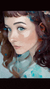 a painting of a woman 's face with blue eyes
