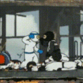 a cartoon of a man in a white suit talking to another man in a black mask
