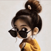 a cartoon girl wearing sunglasses and a bun is looking at the camera .