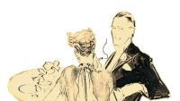 a drawing of a man and a woman sitting at a table with the letter c on it