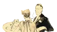 a drawing of a man and a woman sitting at a table with the letter c on it