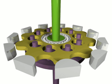 a 3d rendering of a gear with a green pole in the center