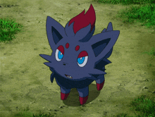 a pokemon with a red tail and blue eyes is standing in the grass