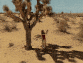 a woman in a red dress is standing in the desert near a tree