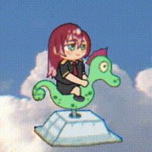 a little girl is sitting on a green seahorse