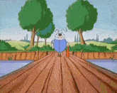 a cartoon of a rabbit standing on a wooden bridge