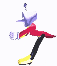 a pixel art drawing of a person with a purple hat and a red jacket .