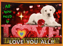 a valentine 's day card with a white dog laying on a love sign
