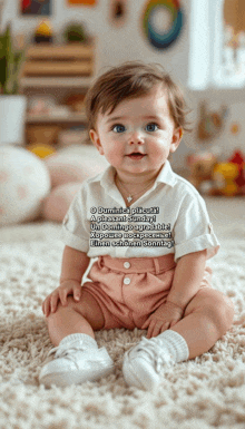 a baby is sitting on the floor with a greeting in a foreign language