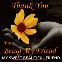 a picture of a hand holding a flower that says thank you for being my friend my sweet beautiful friend