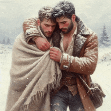 a painting of two men wrapped in a blanket standing in the snow