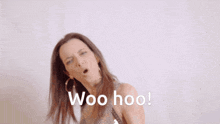a woman with her mouth open and the words woo hoo written below her