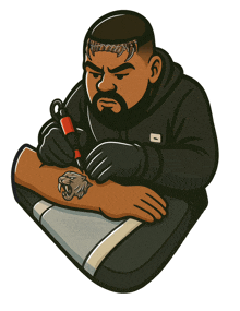 a cartoon drawing of a man getting a tattoo