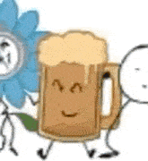 a cartoon of a beer mug with a face and arms and legs standing next to a flower .