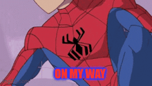 a cartoon of a spider-man says on my way