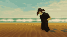 a cartoon character is kneeling on a sandy beach near the ocean