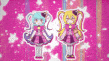 two anime girls are standing next to each other on a pink background with stars .