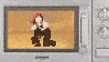 a microwave oven with a picture of a woman on it