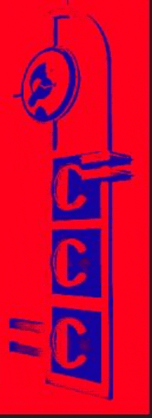 a red and blue drawing of a machine with the letters cc on it