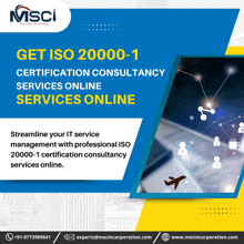 an advertisement for msci iso 20000-1 certification consultancy services