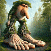 a cartoon troll with a beard and long nose is standing in the middle of a forest .